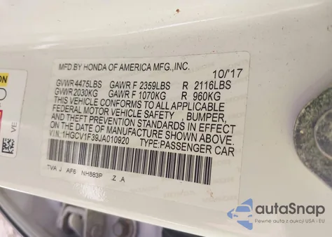 2018 Honda Accord Sport from USA, damaged, VIN 1HGCV1F39JA010920